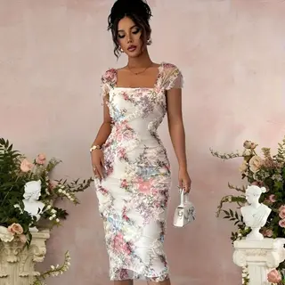 Elegant Romantic Mesh Floral Print Pleated Mid-length Dress - View 1
