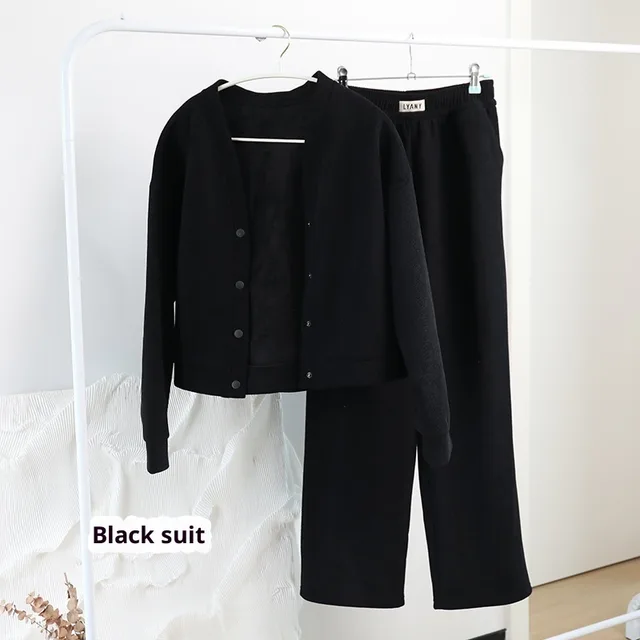 Fleece lined Casual Suit Women's Fashion Korean Style Slimming Black - Shop at LoveMi