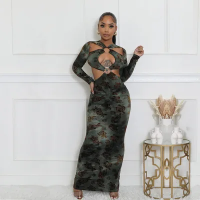 Autumn New Sexy Cutout Flocking Long sleeved Dress For Women Dark Green - Shop at LoveMi