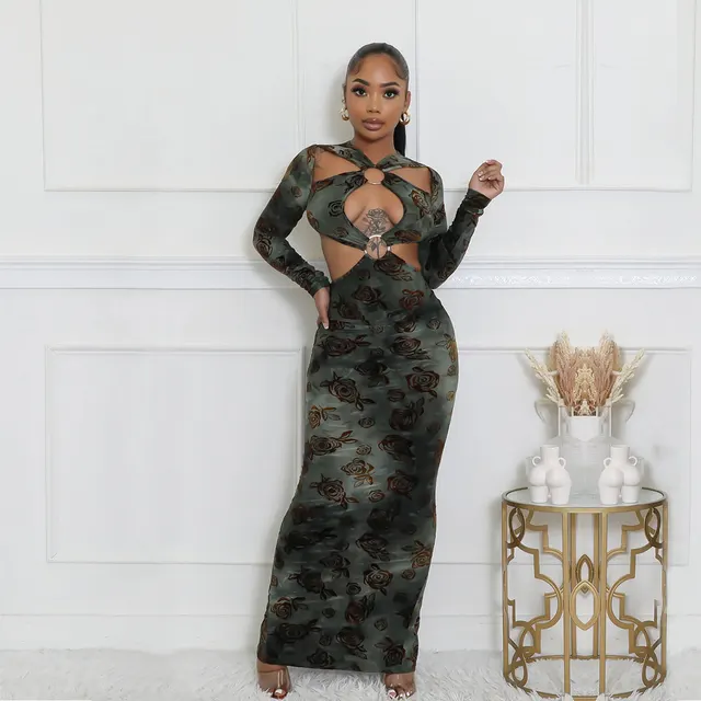 Autumn New Sexy Cutout Flocking Long sleeved Dress For Women Dark Green - Shop at LoveMi