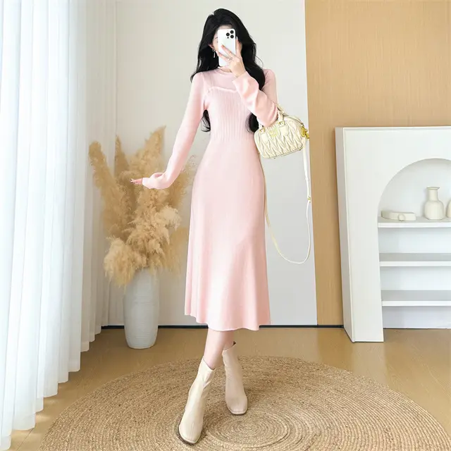 Gentle Waist controlled Slimming Long Sleeve Knitted Dress Pink - Shop at LoveMi