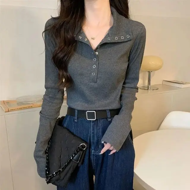Inner Wear Outer Wear Knitted Top For Women Ins Dark Gray - Shop at LoveMi