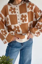 Black Henry Plaid Collar Loose Sweater - Thai Curry