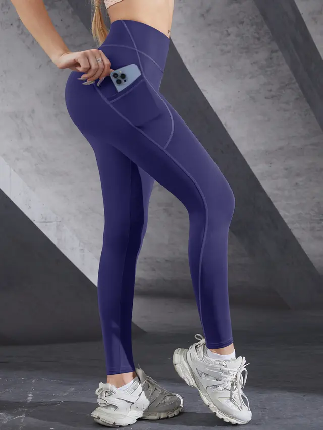 European And American Stitching Pocket Yoga Pants High Elastic Sports Slim fitting Navy Blue - Shop at LoveMi