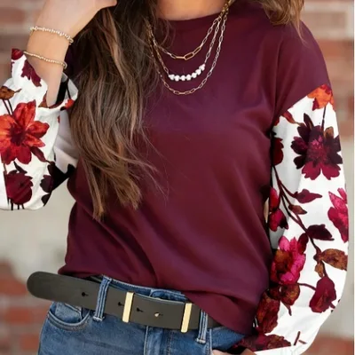 Wild Ginger Contrast Floral Sleeve Solid Ribbed Body Patchwork Long Sleeve Top Red - Shop at LoveMi