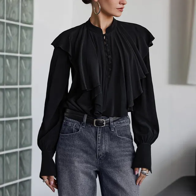 Palace Style Draped Ruffle Top Elegant Loose Black Women's Clothing Black - Shop at LoveMi