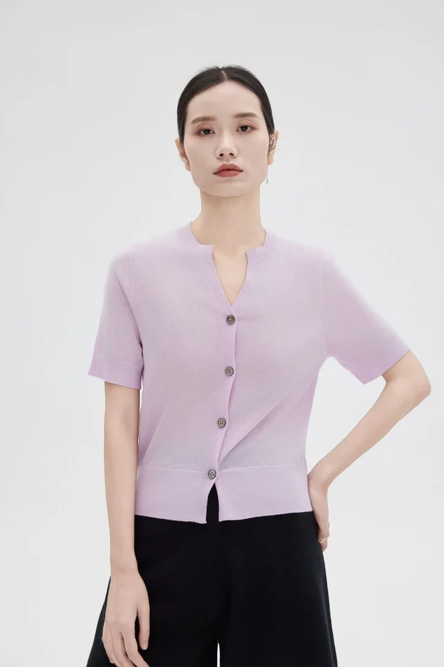 Wool V neck Short sleeved Cardigan Design Thin Coat Light Purple - Shop at LoveMi