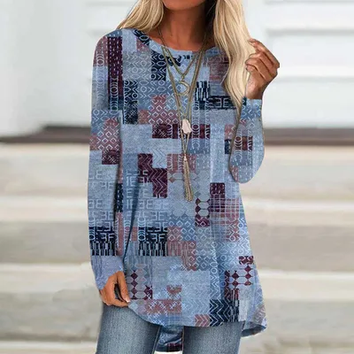 Wear Loose Long Sleeve Digital Printing T shirt Blue - Shop at LoveMi