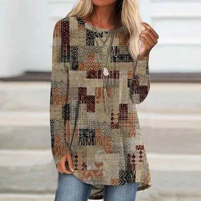 Wear Loose Long Sleeve Digital Printing T shirt Khaki - Shop at LoveMi