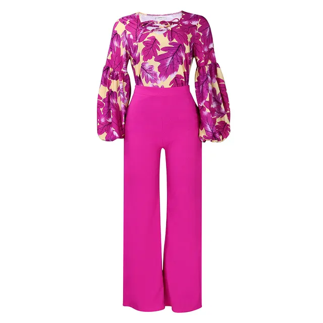 Printed Lace Up Top Wide Leg Pants Suit Rose Red - Shop at LoveMi