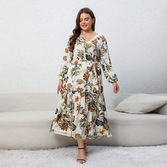 Printed V neck Long Sleeve Floral Loose Big Hem Dress Apricot Beige - Shop at LoveMi
