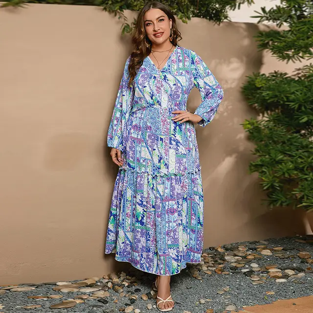 Printed V neck Long Sleeve Floral Loose Big Hem Dress Blue - Shop at LoveMi