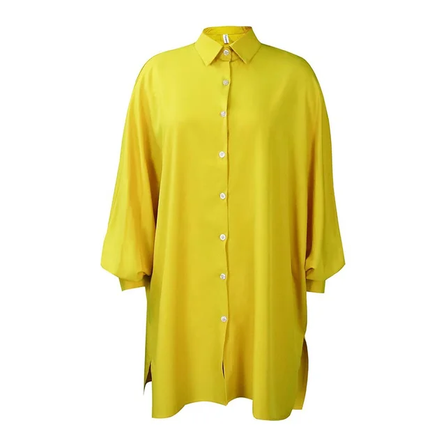Loose Waist Elegant Polo Collar Solid Color Plus Size Dress Yellow - Shop at LoveMi