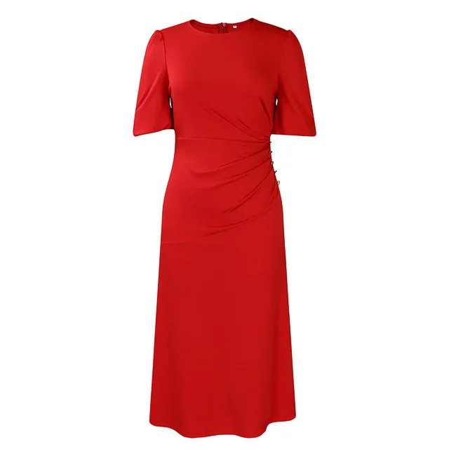Round Neck Puff Sleeve Slim Cinched Plus Size Dress Red - Shop at LoveMi