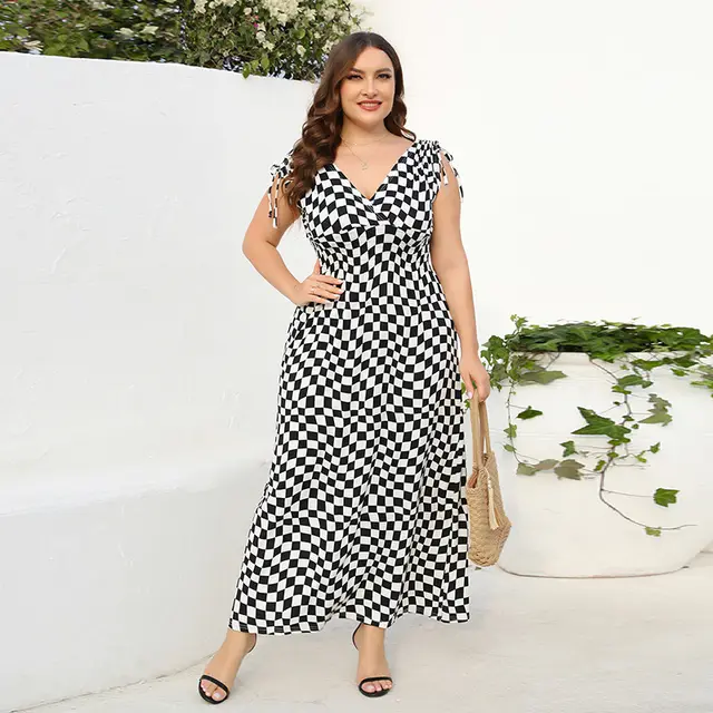 Black And White Plaid V neck Slimming Women's Wear Elegant Dress Black - Shop at LoveMi
