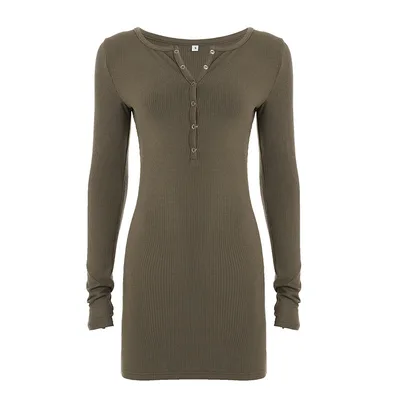 Snap Button Half open Collar Long Sleeve Tight Elastic Hip Dress Army Green - Shop at LoveMi