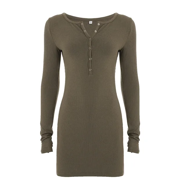 Snap Button Half-open Collar Long Sleeve Tight Elastic Hip Dress - Army Green