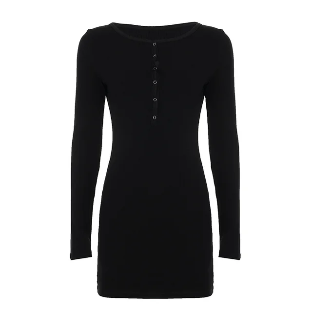 Snap Button Half open Collar Long Sleeve Tight Elastic Hip Dress Black - Shop at LoveMi