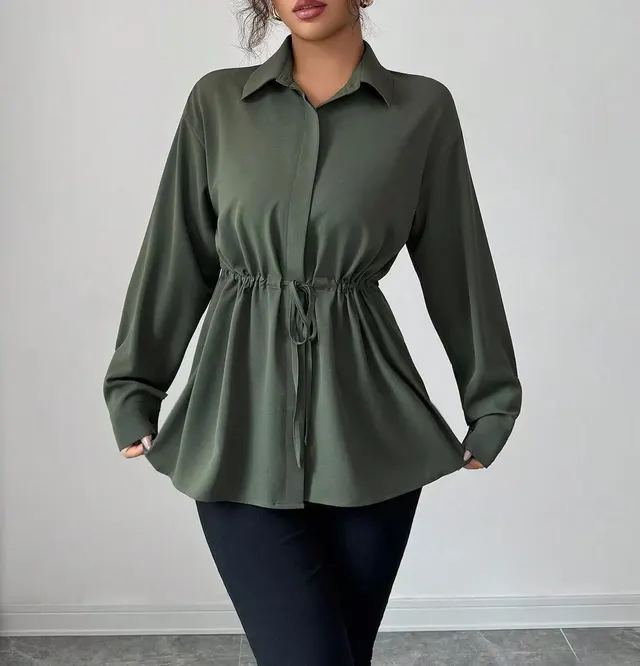 Solid Color Casual Women's Long sleeved Shirt Army Green - Shop at LoveMi