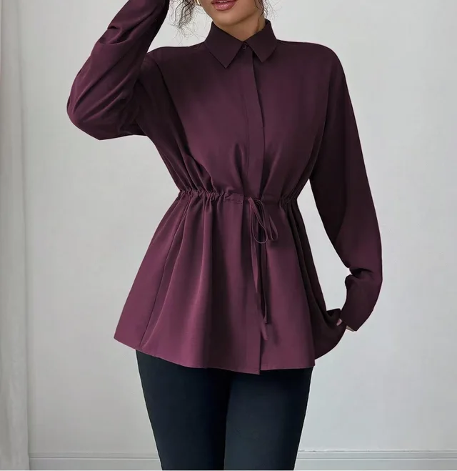 Solid Color Casual Women's Long sleeved Shirt Purplish Red - Shop at LoveMi