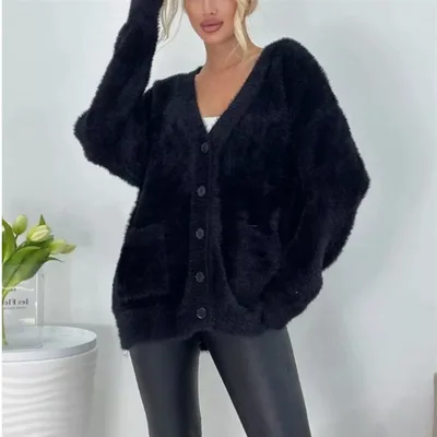 Women's Imitation Mink Pocket Knitted Cardigan For Autumn And Winter Black - Shop at LoveMi