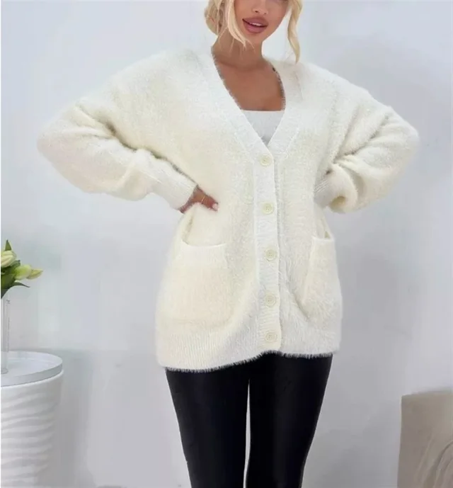 Women's Imitation Mink Pocket Knitted Cardigan For Autumn And Winter White - Shop at LoveMi