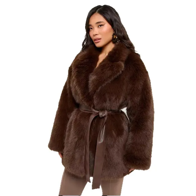 With Belt Artificial Wool Coat Mid length Brown - Shop at LoveMi