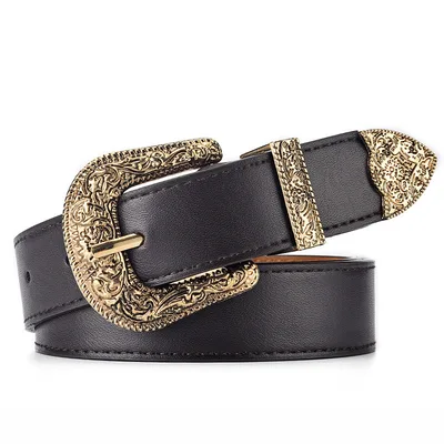 Fashion Retro All match Carved Buckle European And American Belt Gold Buckle Brown - Shop at LoveMi