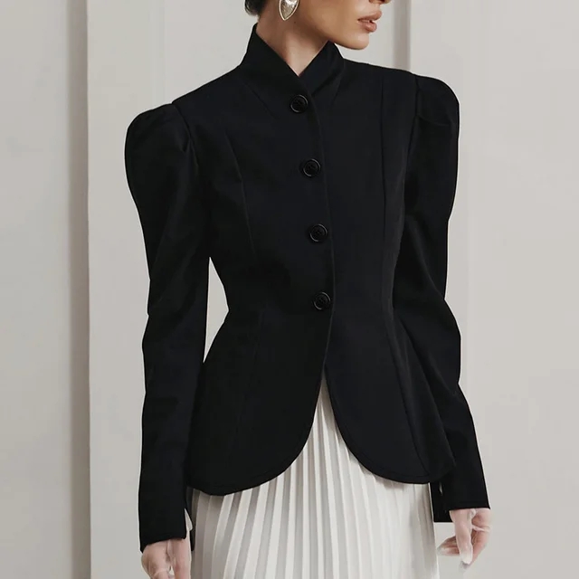 French Elegant Retro Black Stand Collar Small Suit Jacket For Women Black - Shop at LoveMi