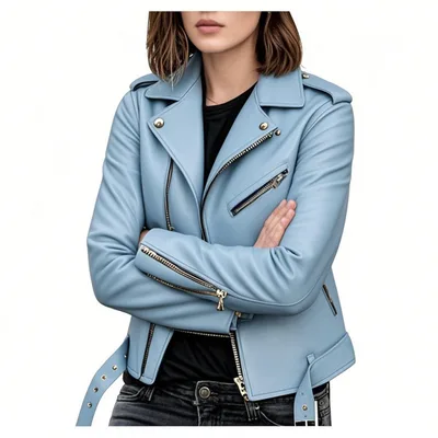 Women's Short Women's Leather Jacket Coat Jacket Pu Sky Blue - Shop at LoveMi