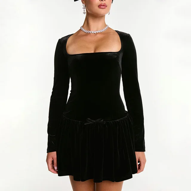 Women's High grade Velvet Slim Fit Long sleeved Ruffled Dress Black - Shop at LoveMi