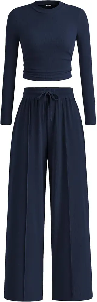 Women's Rib Fashion Navel Casual Suit - Dark Blue