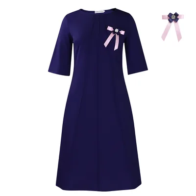 Fashionable Elegant Solid Color Loose fitting Large Size Dress Dark Blue Corsage - Shop at LoveMi