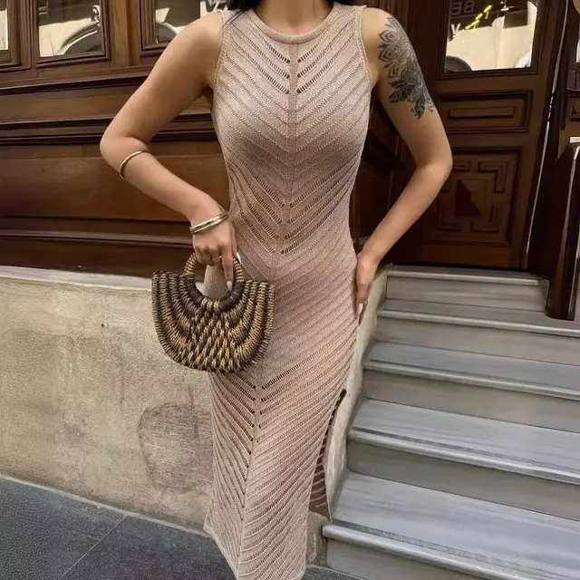 Women's Round Neck Knitted Hollow out Dress High Waist Tight Apricot - Shop at LoveMi