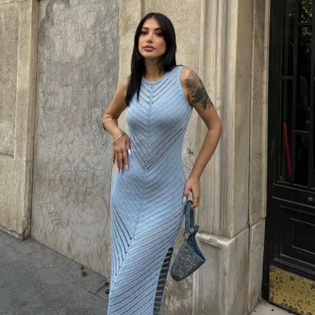 Women's Round Neck Knitted Hollow out Dress High Waist Tight Light Blue - Shop at LoveMi