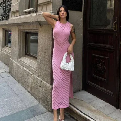 Women's Round Neck Knitted Hollow out Dress High Waist Tight Pink - Shop at LoveMi