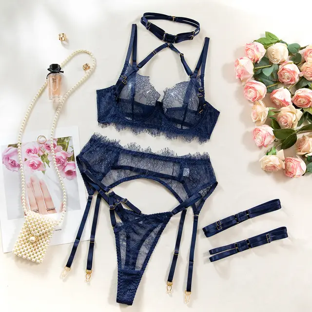 Sexy Cutout See through Halter Bra Garter Four piece Set Dark Blue - Shop at LoveMi