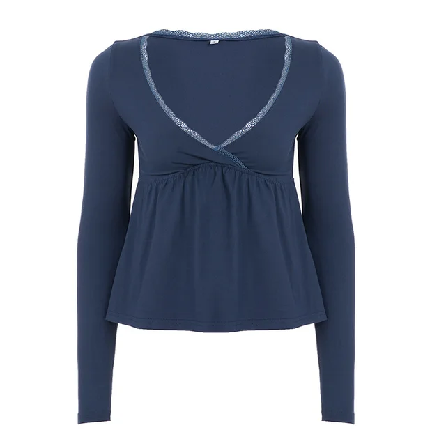 Pure Lace V neck T shirt Blue - Shop at LoveMi