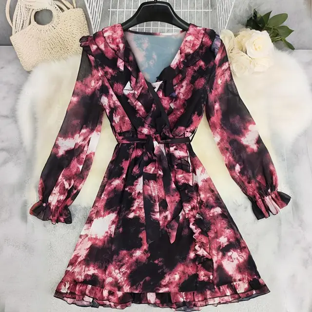 Printed Loose Long Sleeves Dress For Women Red - Shop at LoveMi