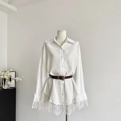 Lace Slimming Patchwork Versatile Shirt Dress With Belt White - Shop at LoveMi