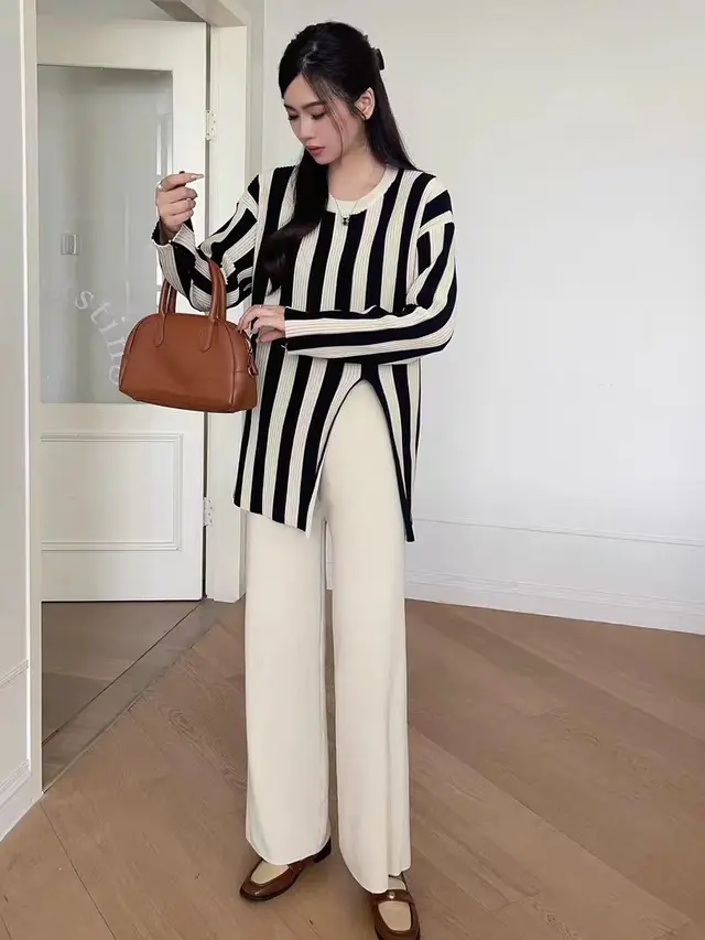 Vertical Stripes Crew Neck Split Knitwear Top High Waist Wide Leg Trousers Fashion Two piece Suit Apricot - Shop at LoveMi