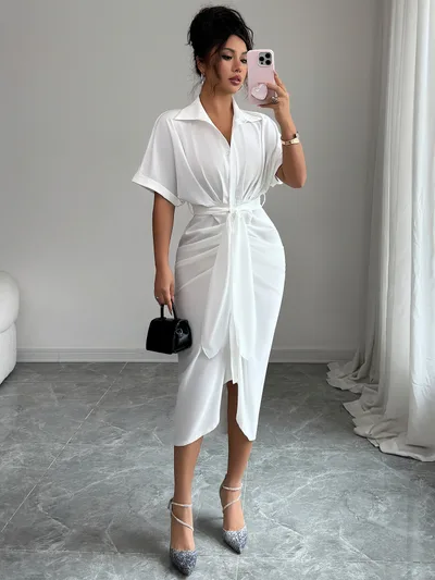 European And American Elegant Advanced Lace up Short sleeved Sheath Dress White - Shop at LoveMi