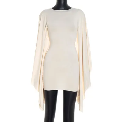 Slim fit Hip Bat Version Long sleeve Round collar Dress Apricot Beige - Shop at LoveMi