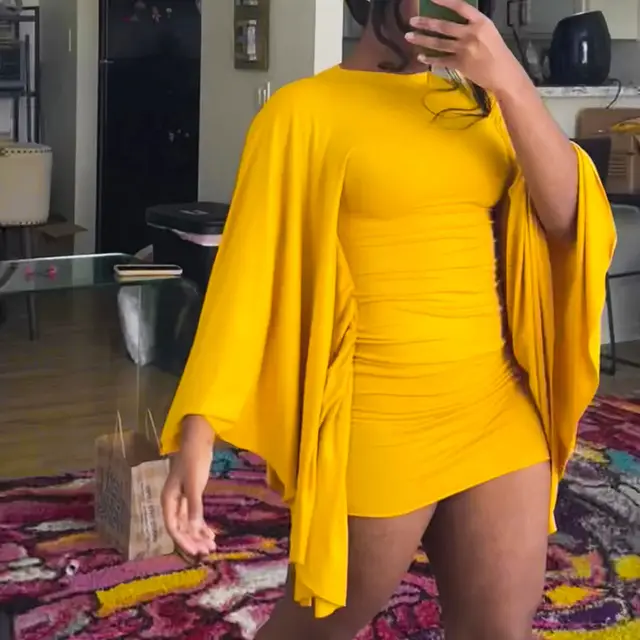Slim fit Hip Bat Version Long sleeve Round collar Dress Yellow - Shop at LoveMi