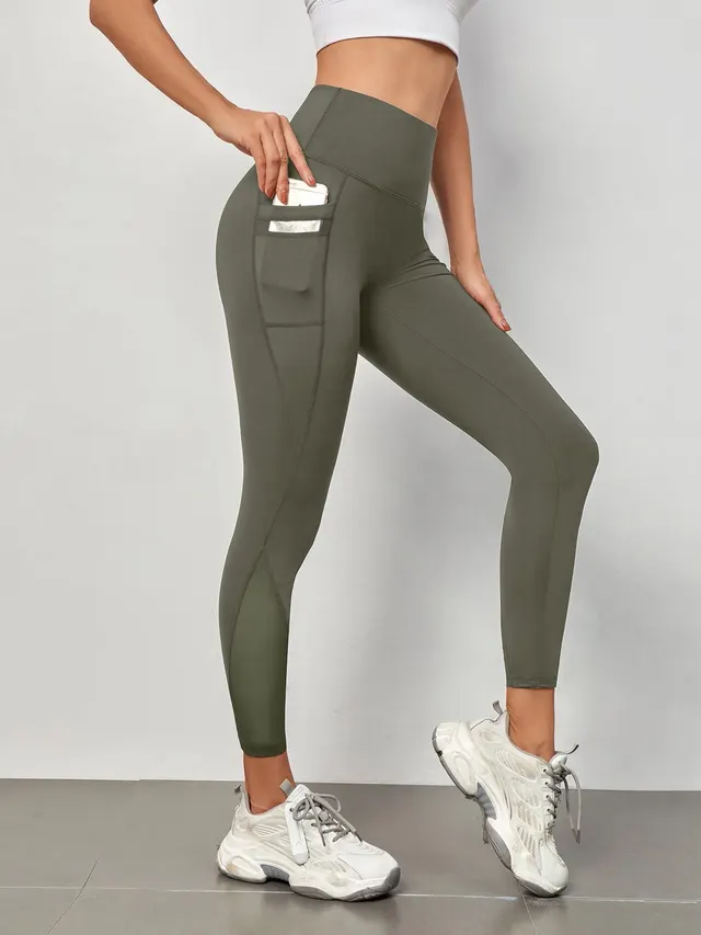 High Waist Grenadine Stitching Yoga Pants Pocket Quick drying Breathable Hip Lifting Sport Army Green - Shop at LoveMi