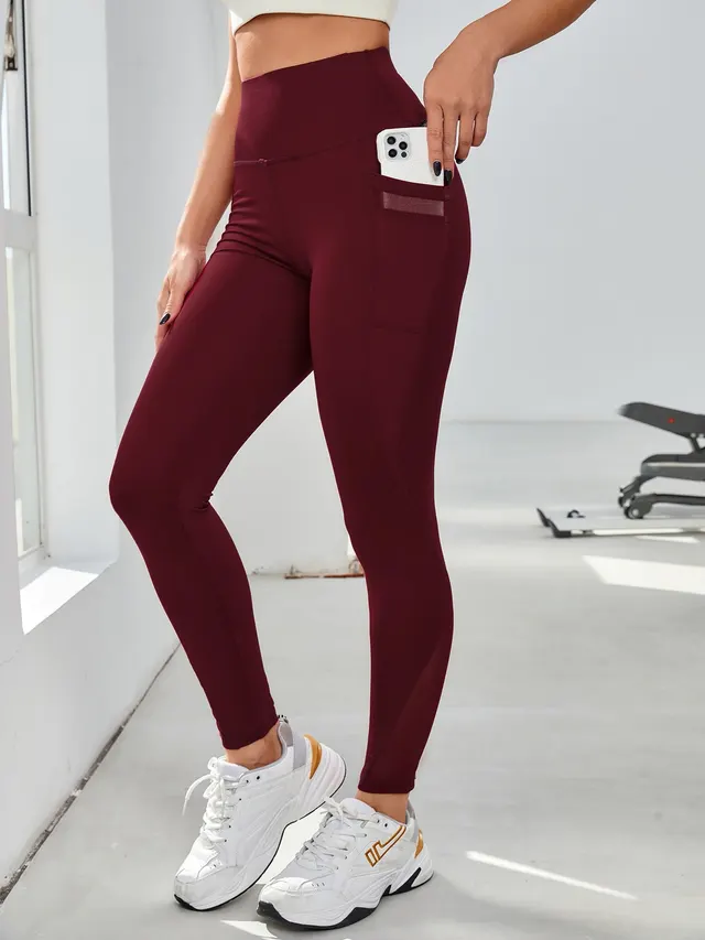 High Waist Grenadine Stitching Yoga Pants Pocket Quick drying Breathable Hip Lifting Sport Wine Red - Shop at LoveMi