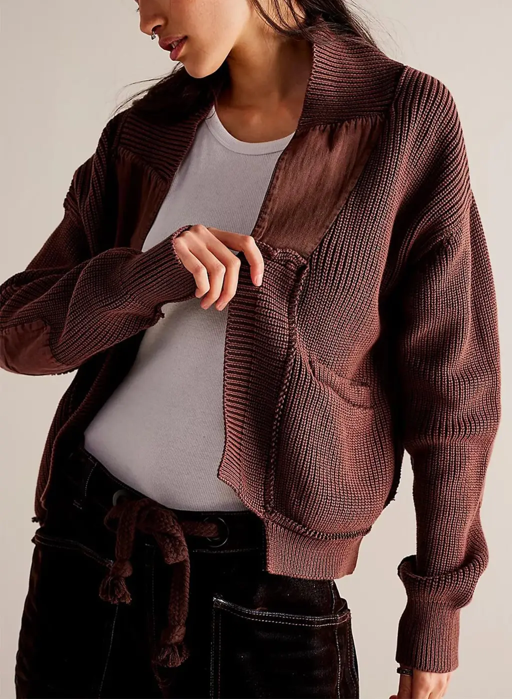 Women's Woolen Cardigan Splicing Coat Jacket - Brown