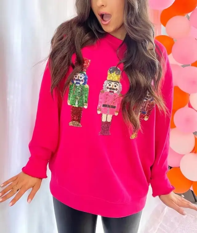 Women's Casual All matching Printed Autumn And Winter Round Neck Sweater Red - Shop at LoveMi