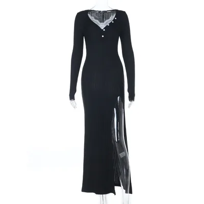 Sexy Lace Split Slim Fit Patchwork Slimming Dress Black - Shop at LoveMi