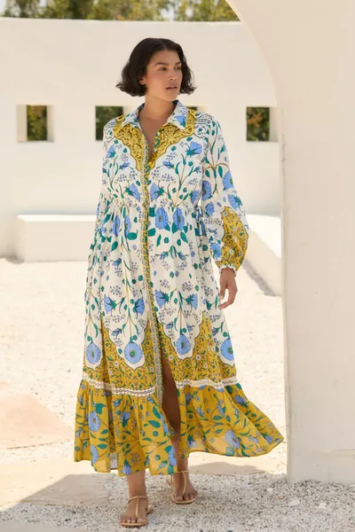 Women's Floral Print Long sleeved Shirt Dress Yellow And White - Shop at LoveMi